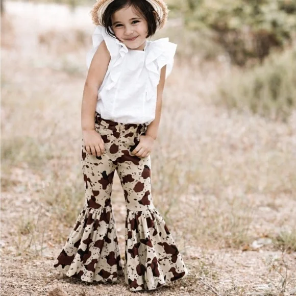 Cow Print Farm Kids Flared Bottoms - Brown and Cream 5T - Picture 4 of 4